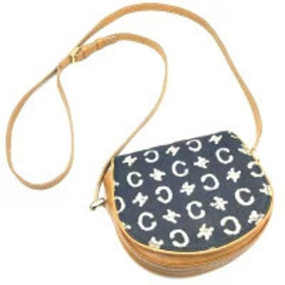 CELINE Macadam Denim Shoulder Bag Navy Blue Brown Leather - Picture 3 of 13